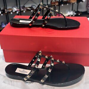 New Valentino Black Rockstud Rubber Shoes Sandals Size 38 US 8